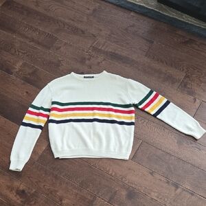 Brandy Melville Cream Sweater with Green, Red, Yellow & Navy Stripes